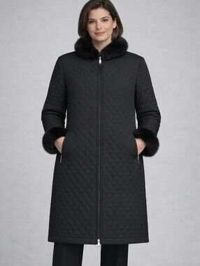 London Fog Quilted Coat XL Black Faux Fur Collar And Cuffs Fall Water Resistant